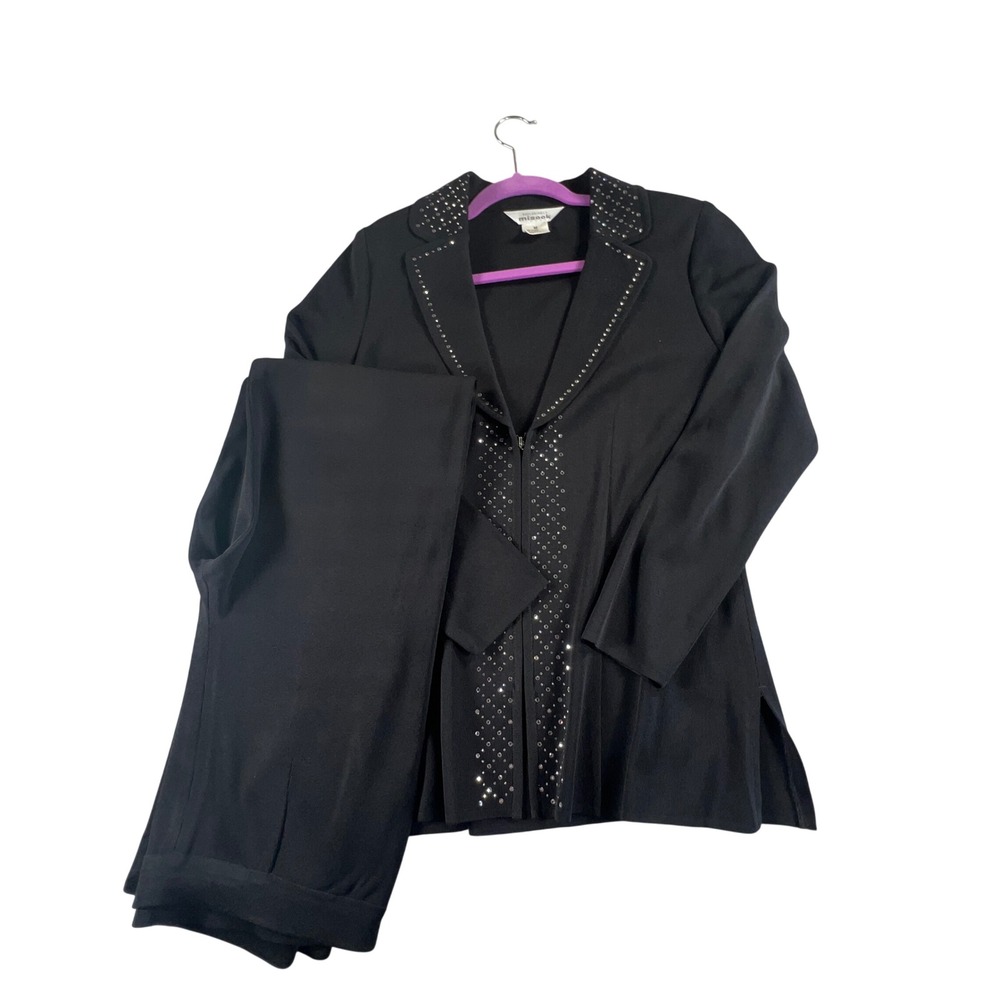Exclusively Misook Black Knit Pant Suit Set Rhinestone Zip Jacket Pants Small